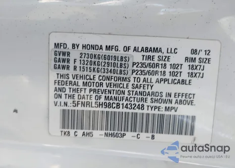 2012 Honda Odyssey Touring/Touring Elite z USA, uszkodzony, nr VIN 5FNRL5H98CB143248